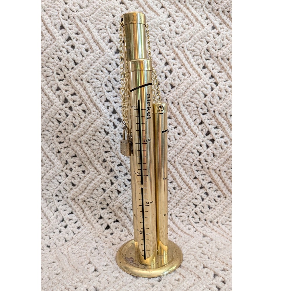 Vintage Solid Brass Triple Coin Bank Tower with Padlock Key Quarter Dime Nickel